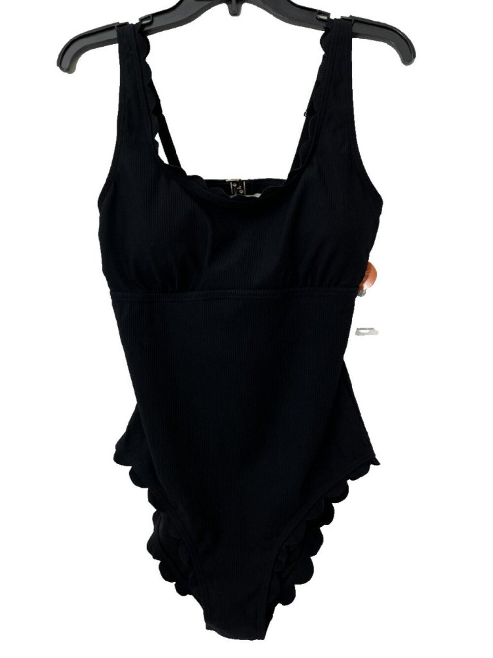 CHARMO Women’s Black One Piece Swimsuit Scalloped Ribbed Square Neck Size Large